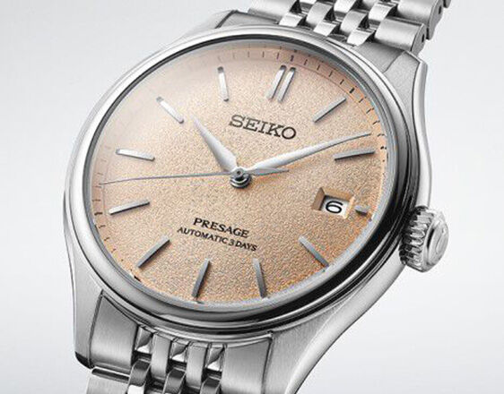 Seiko Presage Classic Series watch with textured champagne dial and automatic 3-day power reserve